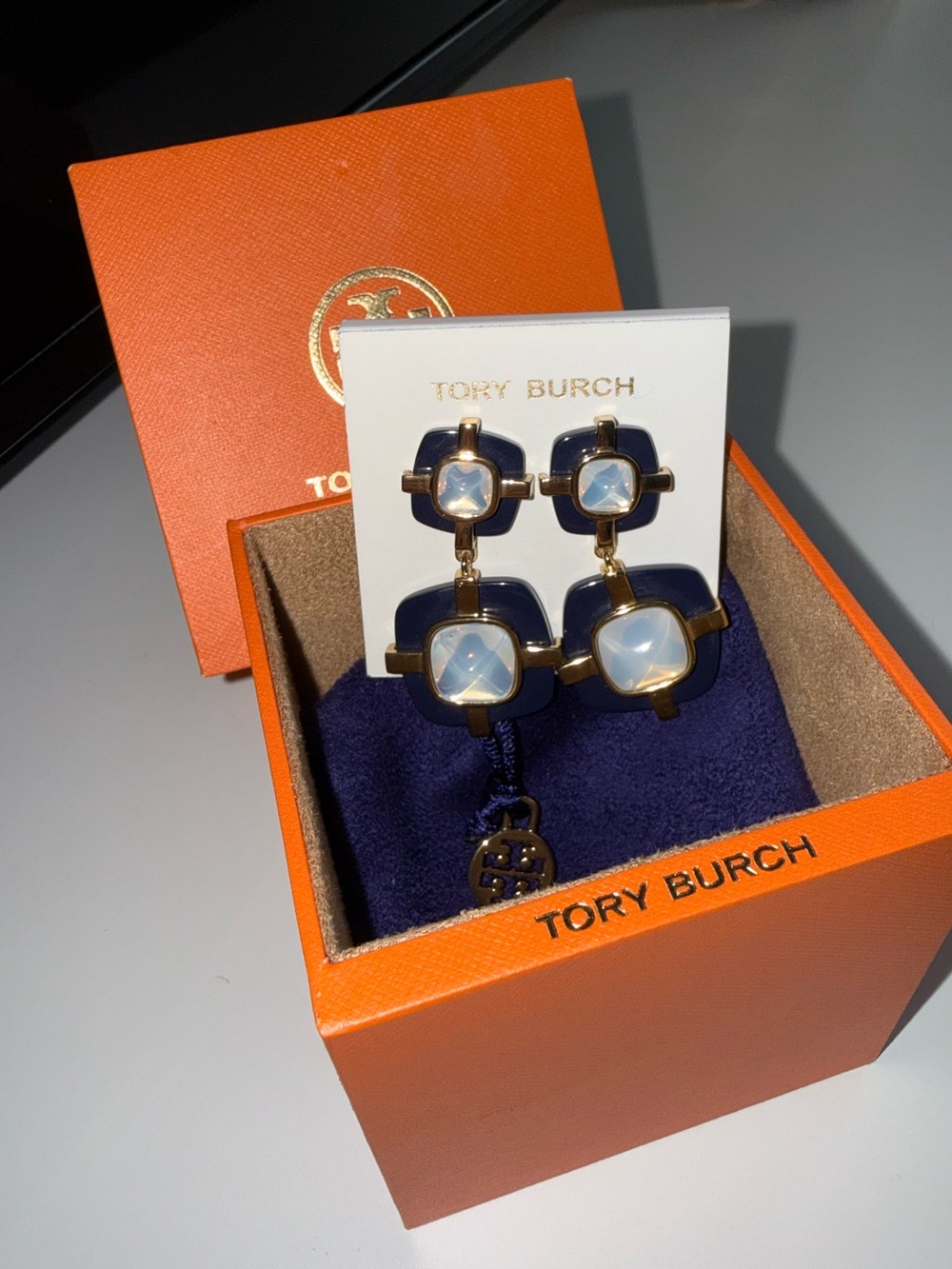Tory Burch Navy Blue and White Drop Earrings with Gold Accents